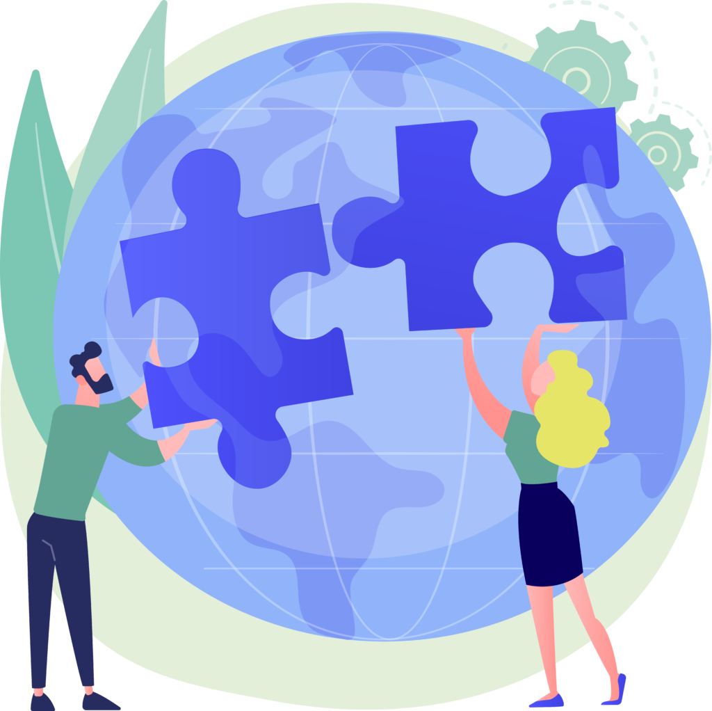 Illustration von 2 Personen die Puzzleteil vor einen Globus halten